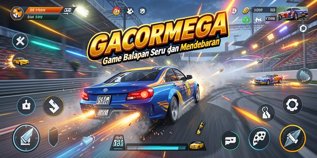 Screenshot utama GACORMEGA menampilkan aksi balapan yang mendebarkan.