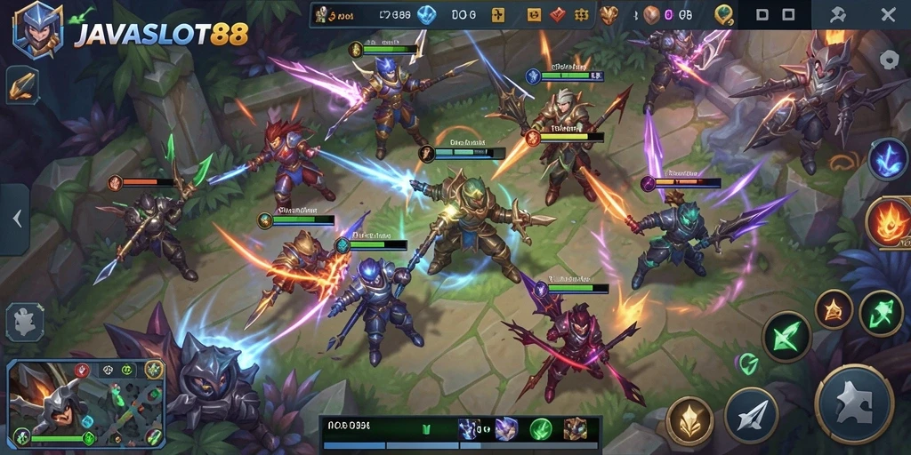 Tangkapan layar utama menunjukkan aksi seru dalam gameplay MOBA.
