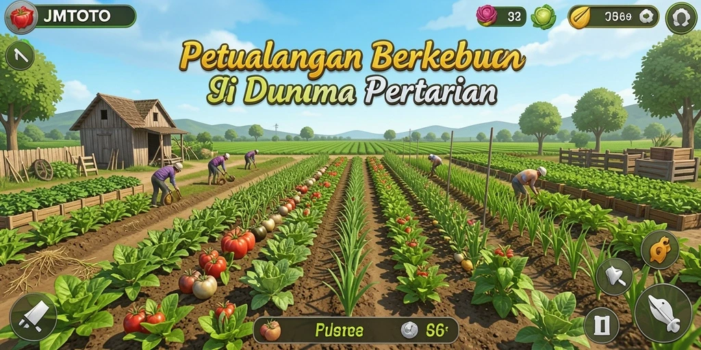 Screenshot gameplay JMTOTO menampilkan kebun yang subur dan aktivitas bertani.