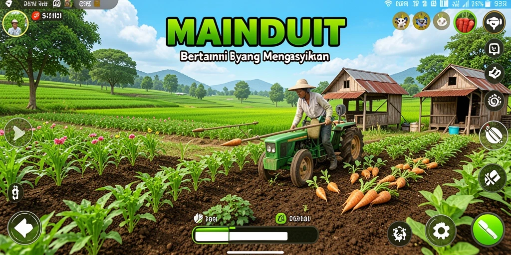 Tampilan gameplay MAINDUIT yang menampilkan lahan pertanian yang subur.