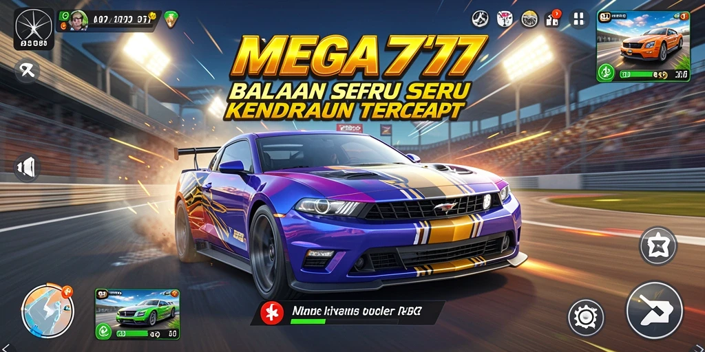 Screenshot gameplay MEGA777 menampilkan aksi balapan yang seru dan mobil tercepat.