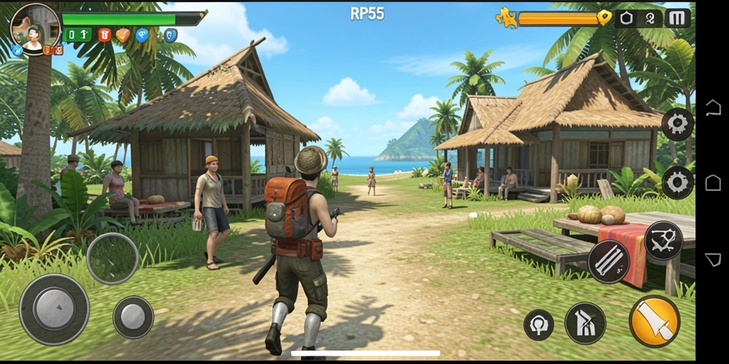 Gameplay RP55 menampilkan interaksi antar karakter dalam simulasi kehidupan.