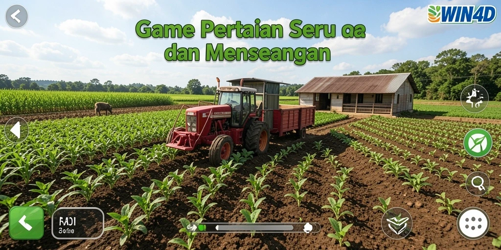 Tangkapan layar dari gameplay <strong>WIN4D</strong> yang menampilkan ladang terbuka dengan berbagai tanaman.